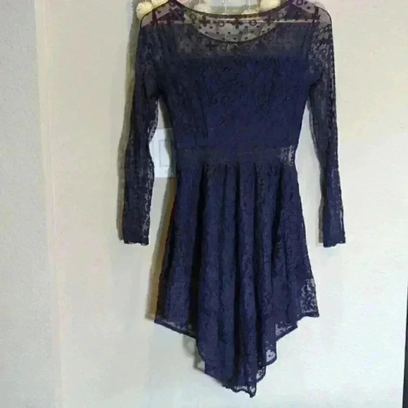 H&M Divided Navy Lace Dress waist detail sheer sleeve fitted asymmetrical hem - Picture 2 of 6